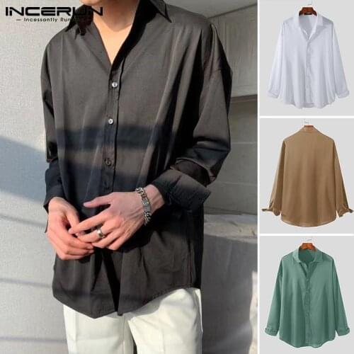 INCERUN 2021 Solid Color Mens Blouse Korean Style All-match Simple Handsome Camisa Elegant Retro Draped Long-sleeved Shirt S-5XL