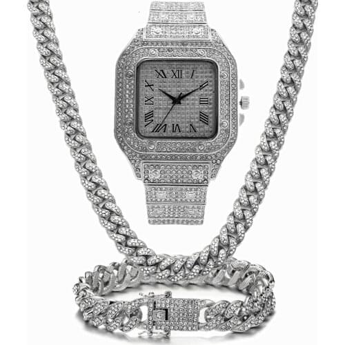 Iced Out Watch Bling Miami Cuban Link Chain Iced Out Chain Necklace Bracelet Luxury Hip Hop Gold Watch Men Jewelry Set Relogio