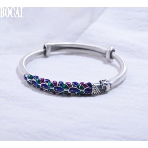 S999.9 pure Silver Fashion Cloisonne Jewelry Enamel Ethnic Features Handmade Peacock Bracelets Sterling Silver Women Bracelets