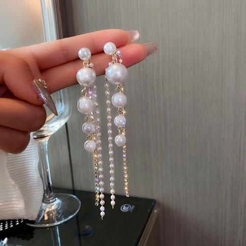 Long Dangle Earrings For Women New 2021 Fashion Kortean Full Crystal Pearl Tassel Drop Earring Vintage Gold Brincos Jewelry