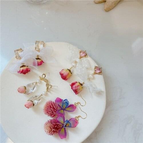 Natural Dried Flower Earrings Real Red Rose Earring Vintage Gold Foil Pearl Earrings