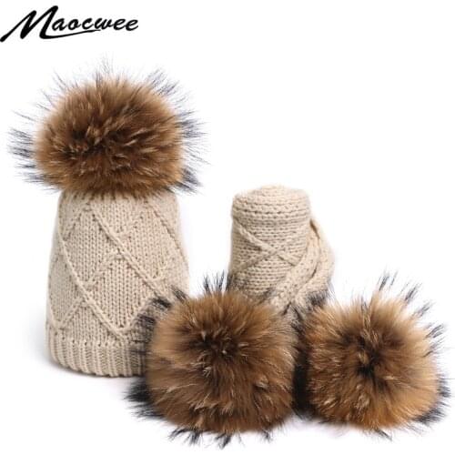 Girl Pompon Hats and Scarves Sets Winter Knitted Warm Nature Fur Pom Pom Hat Scarf Thick Beanies Hats Caps Kids Baby Solid Bones