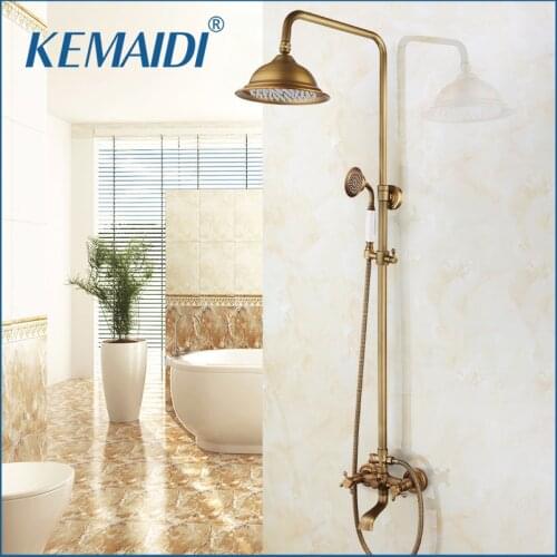 KEMAIDI Bathroom Shower Faucet Antique Brass Retro Vintage Wall Mounted Rainfall Shower Head Bathtub Mixer Shower Set
