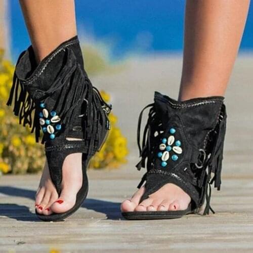 Bohemia Summer Women Sandal Ethnic Style Tassels Ladies Ankle Boots Sandal Shoe Rome Thong Gladiator Flat Sandals