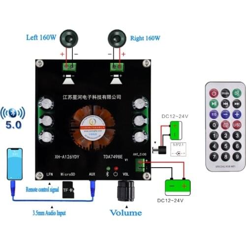 XH-A126 160Wx2 Bluetooth 5.0 Digital Power Amplifier Board Stereo TDA7498E Amplifiers AUX TF AMP Remote Control 12v 24v