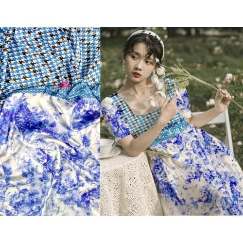 Japan white 97% Natural silk fabric stretch satin houndstooth and blue flowers prints summer haute couture fabric wall sticker