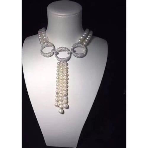 Womens long 8-9mm Freshwater pearl Garnet beads 925 silver threering connection buckle pendant tassel NECKLACE 18inch