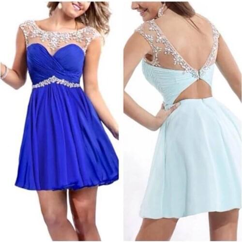 Women Chiffon Short Homecoming Dresses Sheer Lace Appliques Prom Party Gowns Sweetheart Crystal Clubbing Dress