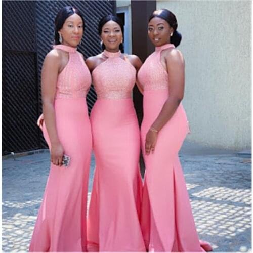 Coral Bridesmaid Dresses Halter 2021 Elastic Satin Floor Length Long Bridesmaid Dress for Women