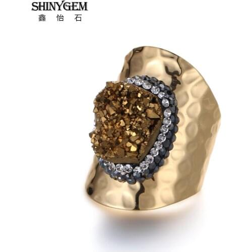 ShinyGem Irregular Natural Crystal Druzy Ring Charm Exaggerated Gold Plating Minerals Geode Gem Stone Finger Ring For Women Gift