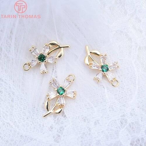 4PCS 8x13MM 24K Gold Color Plated Brass with Colorful Zircon Flower Charms Pendants High Quality Jewelry Accessories