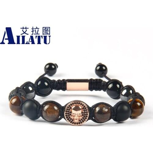 Ailatu Powerful Jewelry 10mm Lava, Bronzite, Tiger Eye Stone Beads with Round CZ New Skull Macrame Mens Bracelet