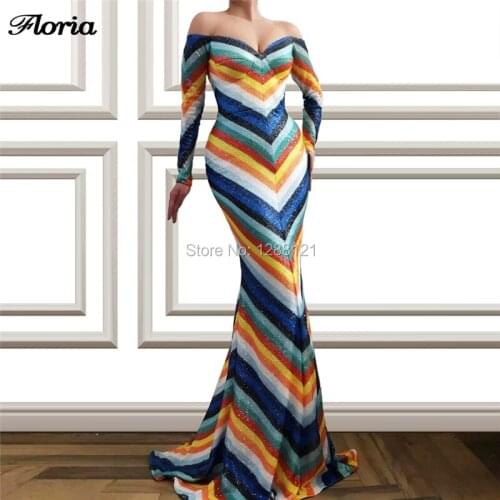 Shiny Sequins Mermaid Prom Dresses Off The Shoulder Rainbow Turkish Prom Evening Dress 2020 Robe De Soiree Saudi Arabic Kaftans