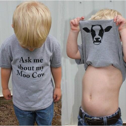 Children Letter Ask Me About My Moo Cow Print T Shirts Funny Animal Cow Inside Short Sleeve Tshirt Baby Kids Boys Cool Tops Tees