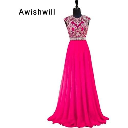 Real Photos Fushcia Prom Dess Long Sleeveless Beadings Chiffon Open Back Elegant Formal Evening Gown Vestidos de Fiesta de Noche
