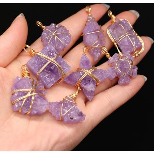 Natural Stone Druzy Pendants Gold Color Wire Wrap Amethysts for Fine Jewelry Making Diy Necklace Accessories