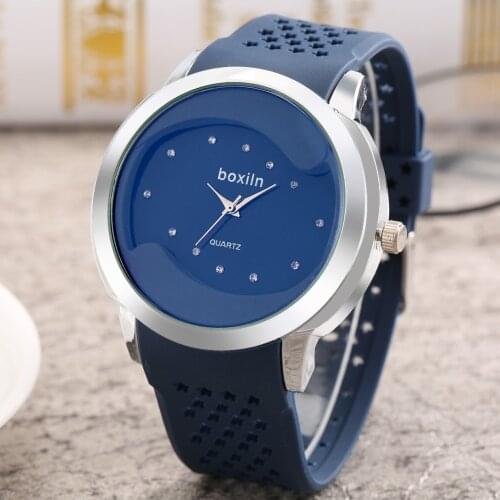 Elegant Blue Comfortable Silica Gel Hollow Stars Strap Silver Case Blue Diamond Dial Durable Pin Buckle Man Woman Quartz Watch