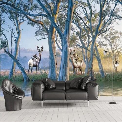 Milofi Custom 3D Non-woven Wallpaper Mural European Forest Big Tree Elk Oil Painting Background Wall Decorative Painting