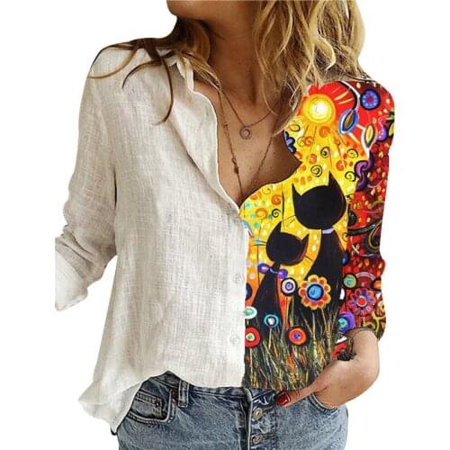 Fashion Womens Loose Cartoon Animal Cat Digital Printing Long Sleeve Ladies Shirt