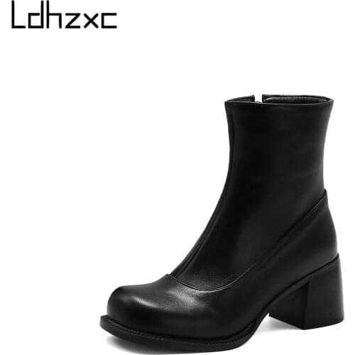 LDHZXC 2020 fashion Ankle Boots Women Autumn Winter snow high Heels Cross Strap Shoes Woman Round Toe Black Short Boots