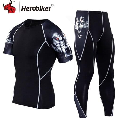 HEROBIKER Men Motorcycle Jacket Sport Compression T Shirt Quick Dry Suit Running T-shirt Set Breathable Chaqueta Moto For Summer