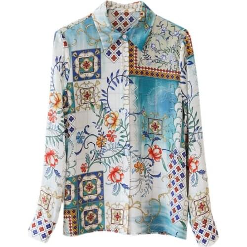 Niche printing ~ amazing and beautiful! Clear and elegant! Womens long-sleeved blouse with exquisite printed silk shirt