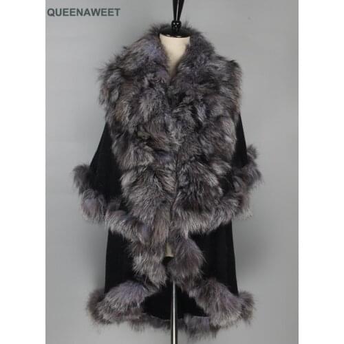 Wholesale Real Fur Poncho Natural Silver Fox Fur Collar And Cashmere Shawl Wrap Scarves Women Cashmere Triangle Cape
