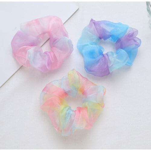 Sweet Rainbow Yarn Mesh Scrunchies Women Romantic Colorful Hair Rope Transparent Tulle Organza Hair Ties Hair Accessories