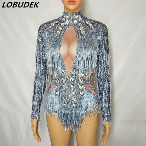 Silver Rhinestones Tassels Bodysuit Long Sleeve Stretch Leotard Stage Wear Bar Nightclub DJ Female Singer Dancer Dance Costume