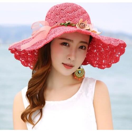 2018 New Summer Sun Hat Wide Brim Beach Sun Cap Women Sun Straw Hat Elegant Cap UV Protection Bow Travel Cap Straw Hats B-7983