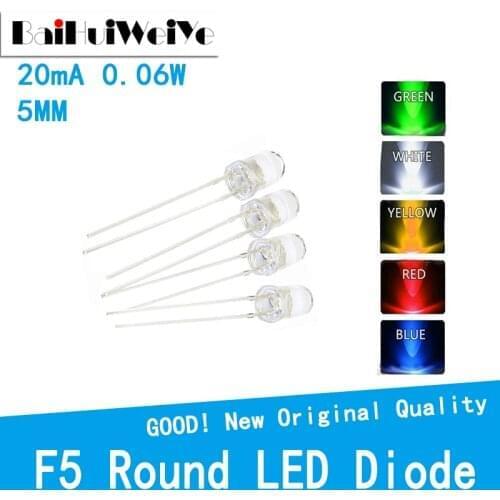 100PCS/LOT Legs UltraBright Red/Green/Blue/White/Yellow Ultra Bright Transparent 5MM Round LED Diode F5 20（mA）0.06 (W) 3V-3.3V