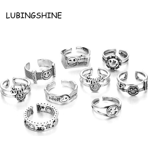 Vintage Metal Round Smile Face Open Ring for Women Men Double Lucky Faces Adjustable Gothic Rings Jewelry
