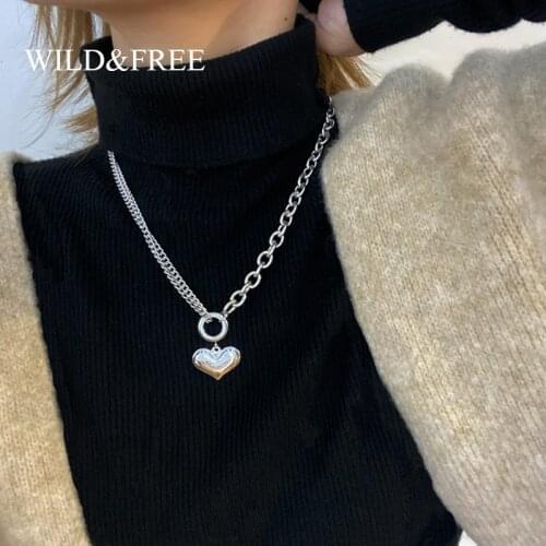 Wild&Free New Chunky Heart Pendant Necklace For Women Gold Silver Color Stainless Steel Simple Chain Necklace Statement Jewelry
