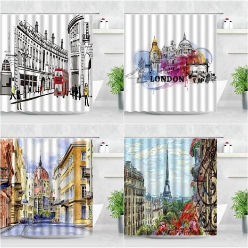 Water Color Building Shower Curtains Paris Tower London Big Ben Red Bus Hand Painted Art Waterproof Bathroom Decor Curtain Sets