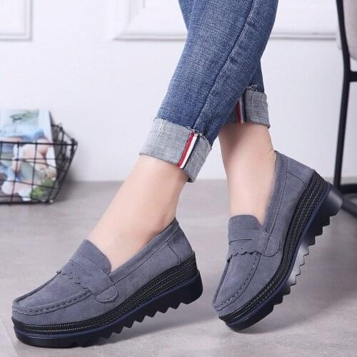 Women Slip On Flat Shoes Genuine Leather Casual Loafers Nubuck Suede Platform Sneakers Ladies Shallow Wedge Footwear Plus Size