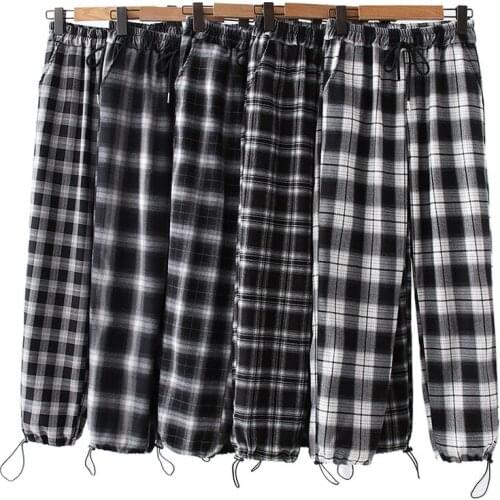 Women Plaid Straight Pants 2021 Summer Casual Hight Waist Pockets Cotton Trousers High Street Ladies Drawstring Loose Bottom