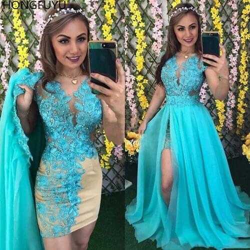 HONGFUYU Elegant 2 Pieces Prom Dresses Lace Appliques Evening Gowns Chiffon Formal Dress With Pearls Detachable Skirt vestidos
