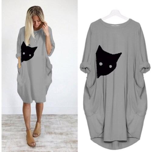 Women Midi Dress 2021 Cat Head Print Long Sleeve Pocket Casual Loose Vintage Woman Sundress Vestidos Pregnant Oversized S-5XL