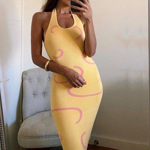 3 Styles Women Knit Halter Dress Ladies Slim Fit Sleeveless Geometric Print U-shaped Neck Fashion Summer Dresses Outfits