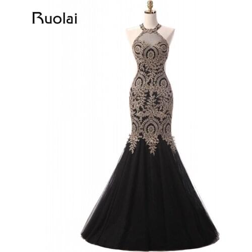 Real Image Charming Gold Appliques Black Evening Dress Halter Tulle Mermaid Prom Dresses robe de soiree Wedding Party Gown ED18