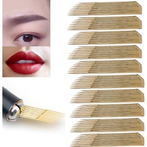 10Pcs Gold Eyebrow Tattoos Needle Double Row 15 Needles Permanent Makeup Eyebrow Microblading Tattoo Needles Tattoo Accessories