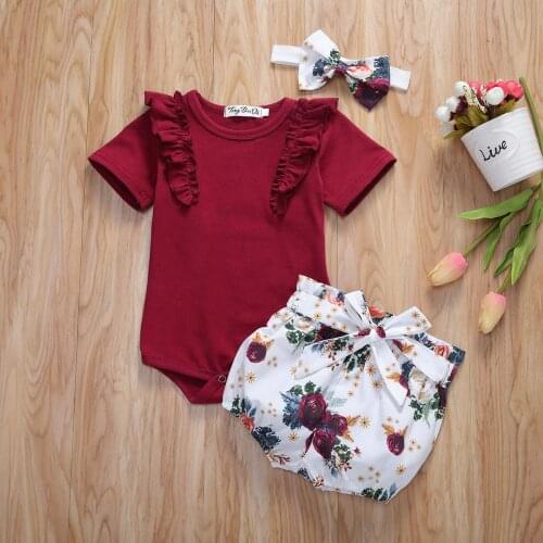 Pudcoco Newborn Baby Girl Clothes Solid Color Short Sleeve Romper Tops Flower Print Short Pants Headband 3Pcs Outfits Sunsuit