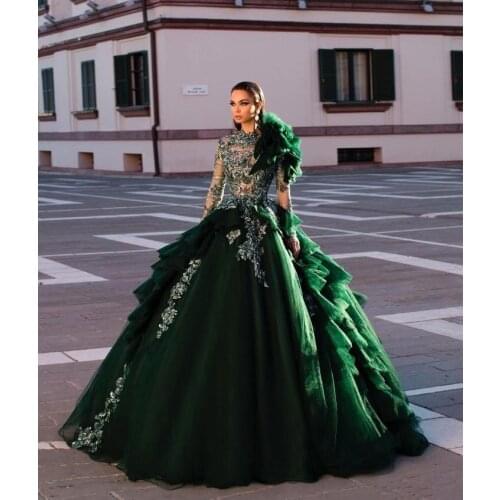 Arabic 2020 Dark Green Prom Dresses High Neck Lace 3D Floral Appliques Long Sleeve Evening Dress A Line Floor Length Robes