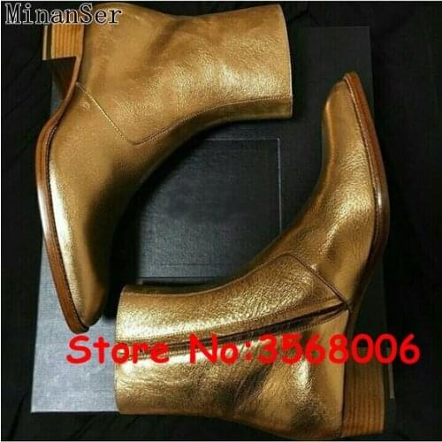 Silver Gold Leather Casual Flats Ankle Boots Shoes Man Italy Style Handmade Chelsea Boots Round Toe Leisure Motorcycle Boots
