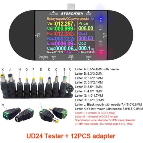 DC5.5 Type-C USB tester digital voltmeter ammeter power bank battery voltage detector volt electric meter + DC adapter