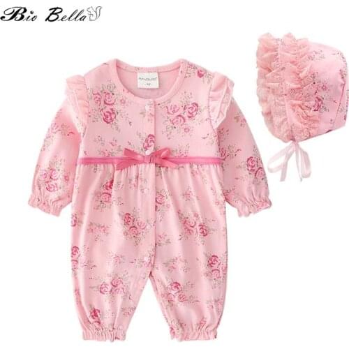 Newborn Baby Girl Clothes 100%Cotton Spring Autumn Long Sleeve Coveralls Rompers Princess Bow Girls Clothing Set Jumpsuit + Hats