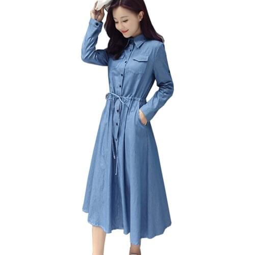 Denim Dress New Trendy A-Line Shirt Jean Dress Midi Blue Womens Elegant XXl cotton slim Cowboy Loose Jeans Dresses Autumn