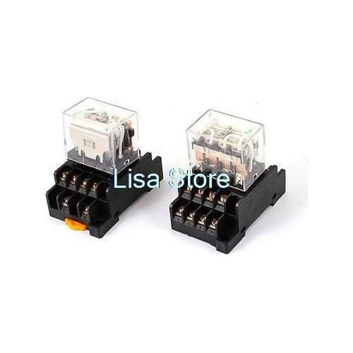 HH64P DC 24V Coil Green Indicator Light 4PDT 14 Pins Power Relay 2 Pcs + Socket Base