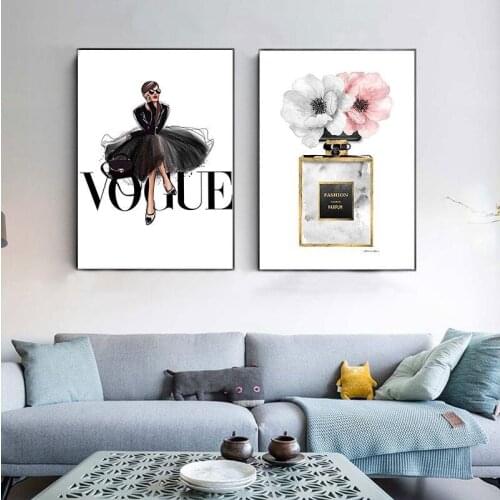 Canvas Painting Fashion Posters Black Dress Wall Art Perfume with Flower Nordic Print Picture Living Room Home Decoration