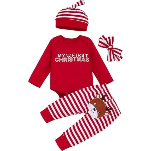 2021 New Newborn Rompers+Pants+Hats Socks 4Pcs Christmas Outfits for Girls Baby Products Baby Clothes Sets